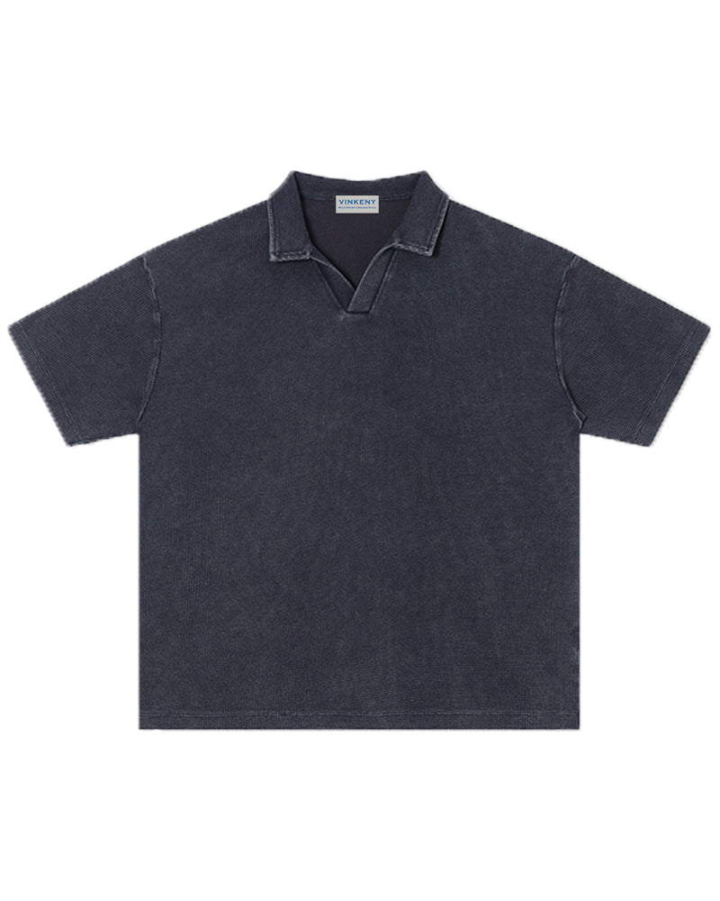 235g Distressed waffle-knit polo shirt