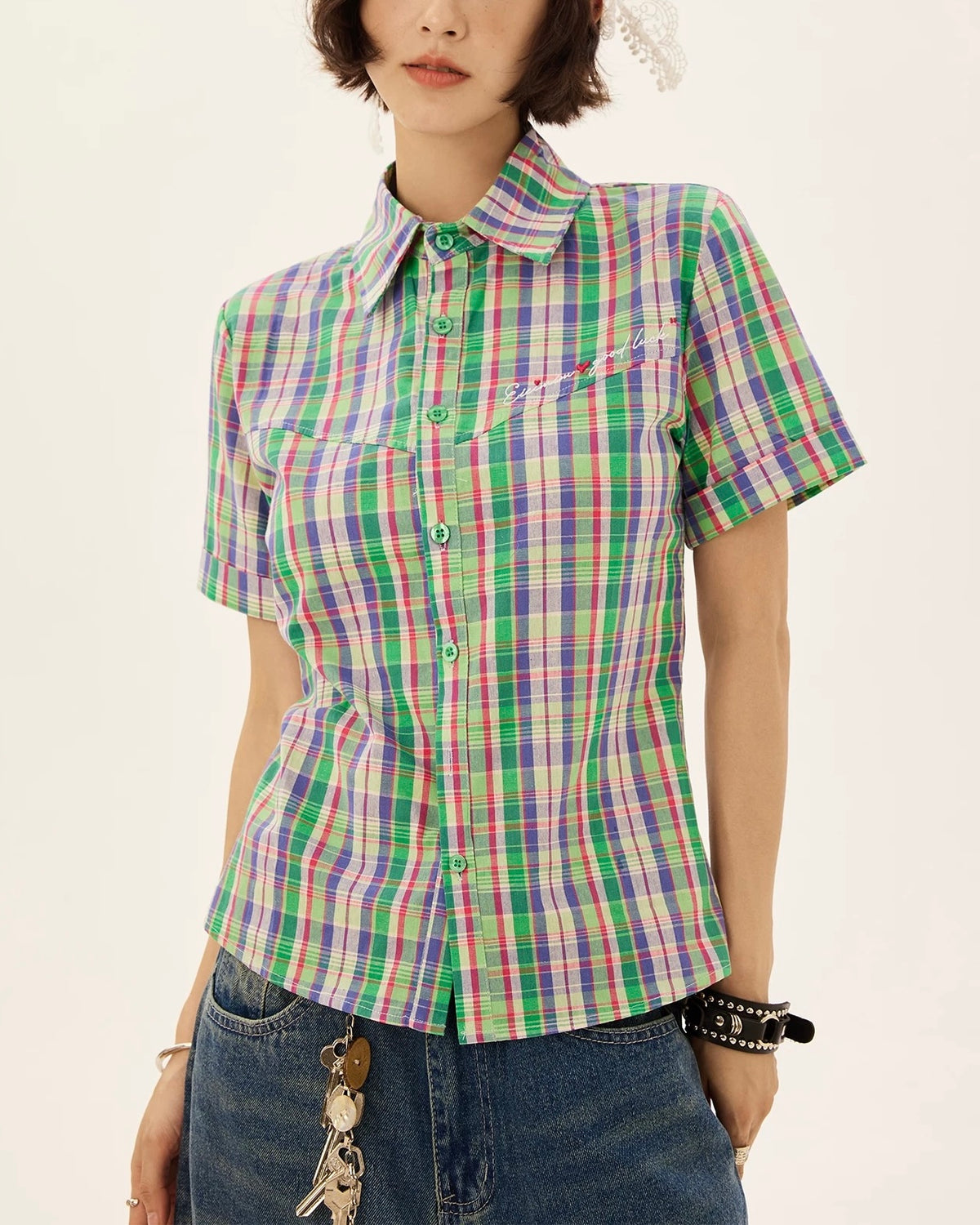 Personality check short-sleeved shirt