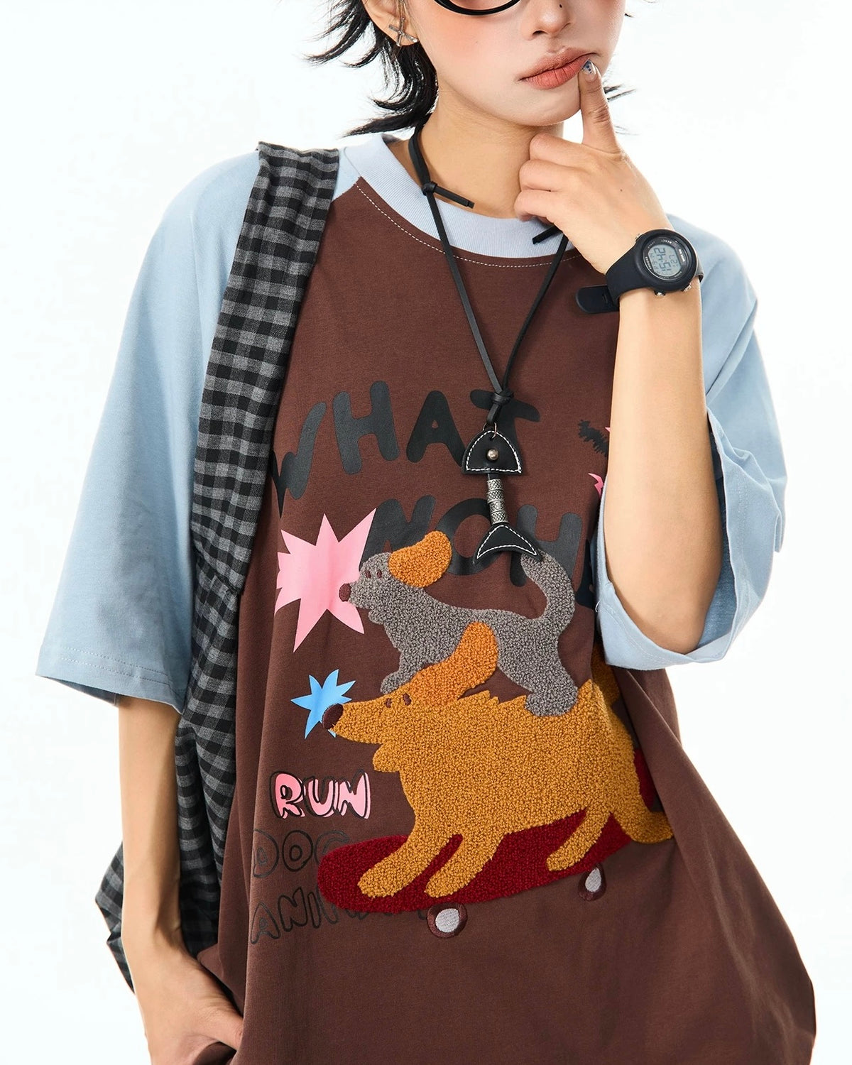 Contrast color skateboard puppy short sleeves