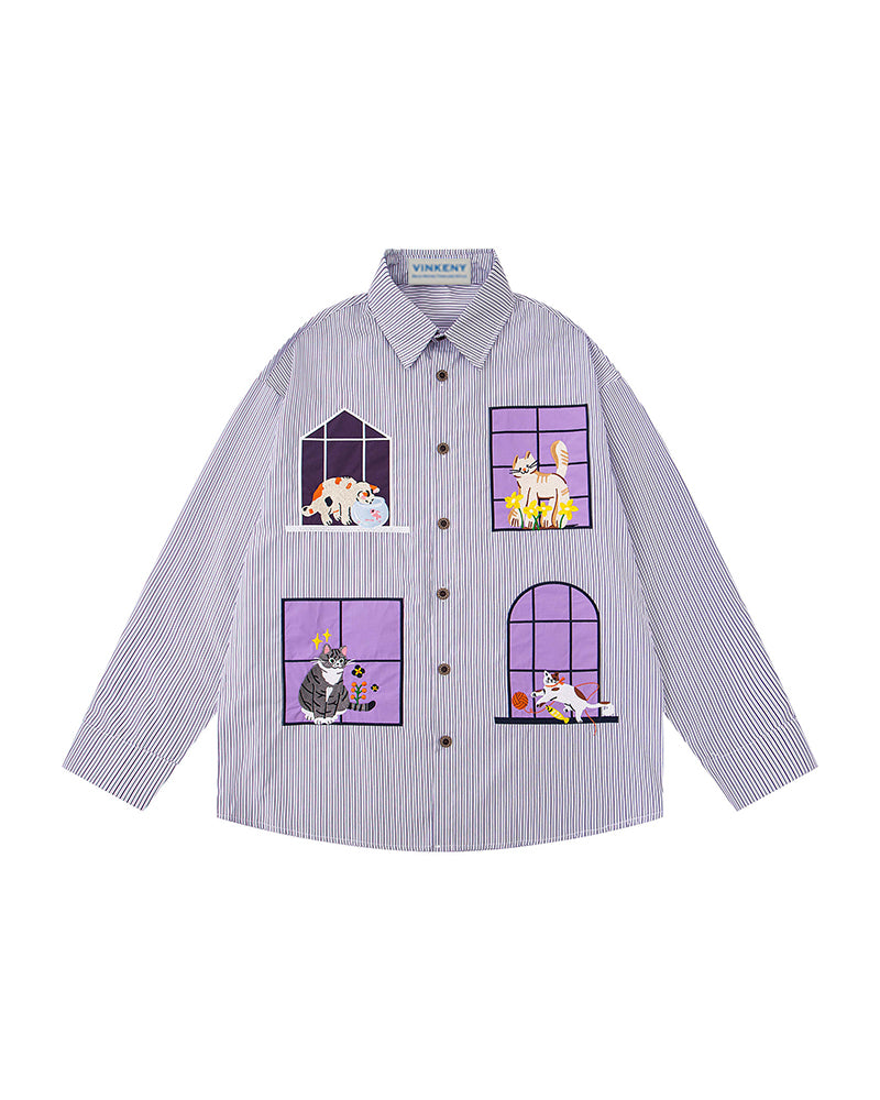 ストライプの刺繍入り長袖シャツ