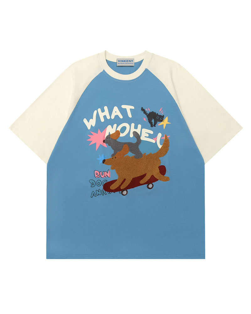 Contrast color skateboard puppy short sleeves