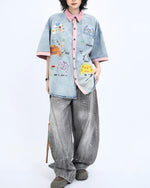 刺繍コントラスト半袖シャツ