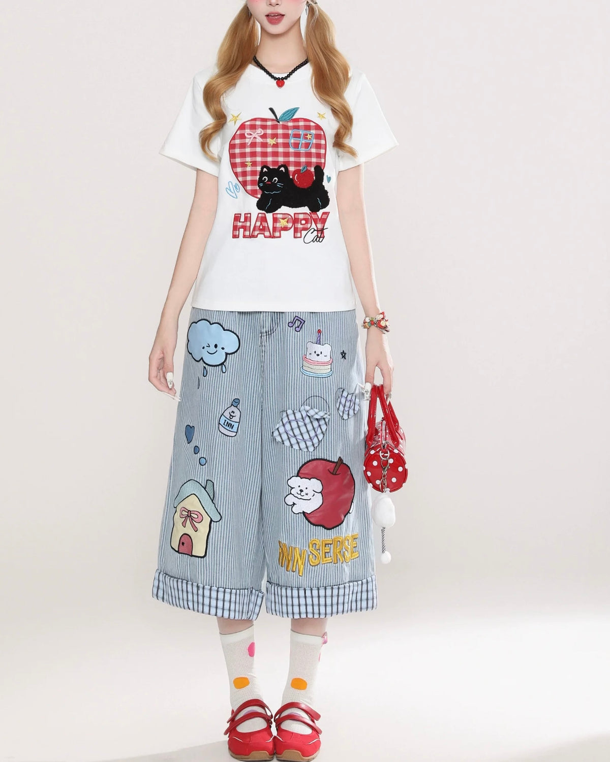 Cartoon Embroidered Cropped Casual Shorts