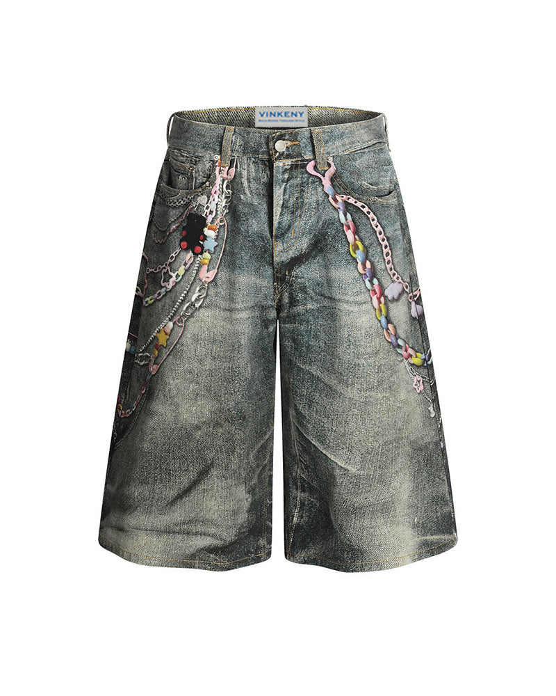 Printed denim shorts